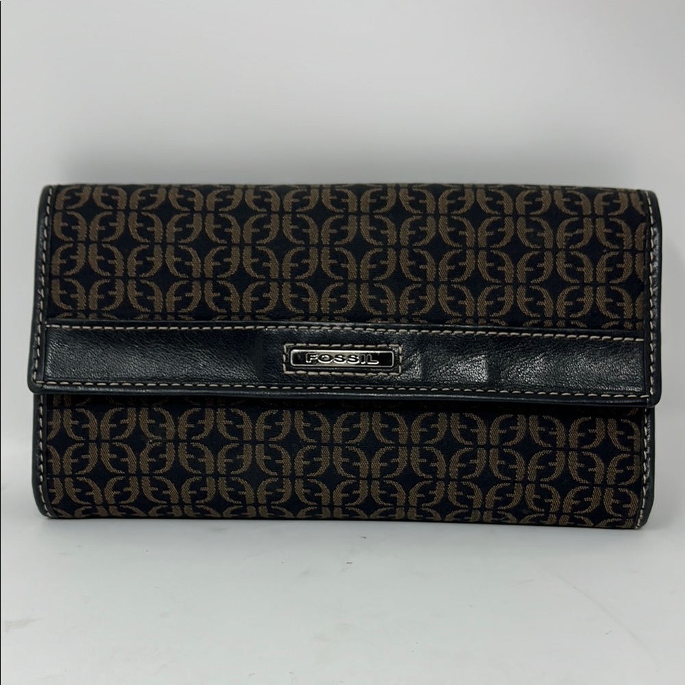 FOSSIL Trifold Brown Wallet Canvas Black Leather Signature Organizer